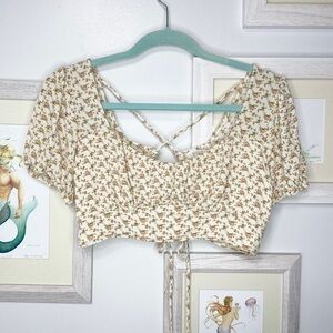 ILLA ILLA Cream Floral Open Back Puff Sleeve Crop Top Size Medium